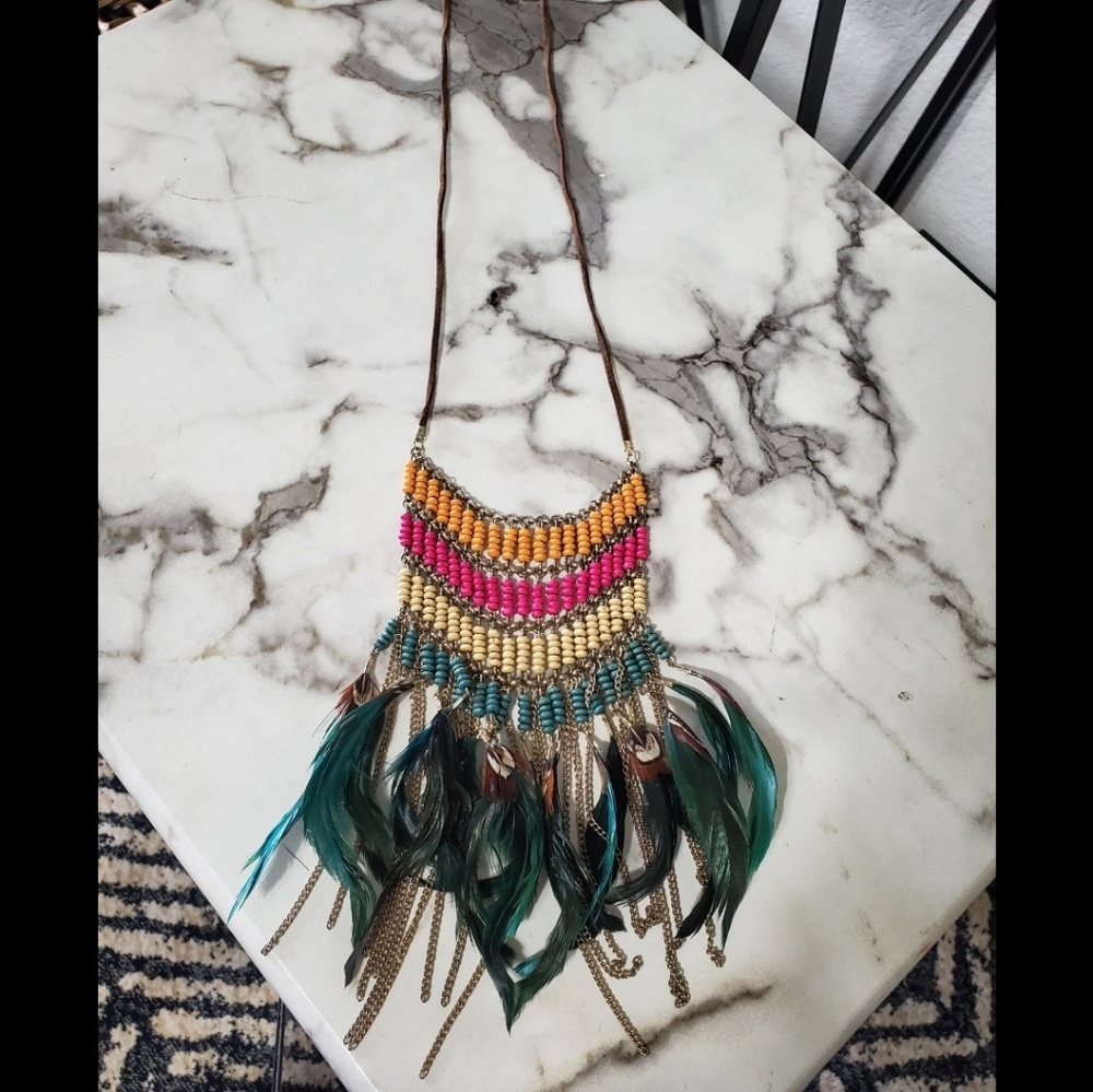 Feathered beaded necklace
